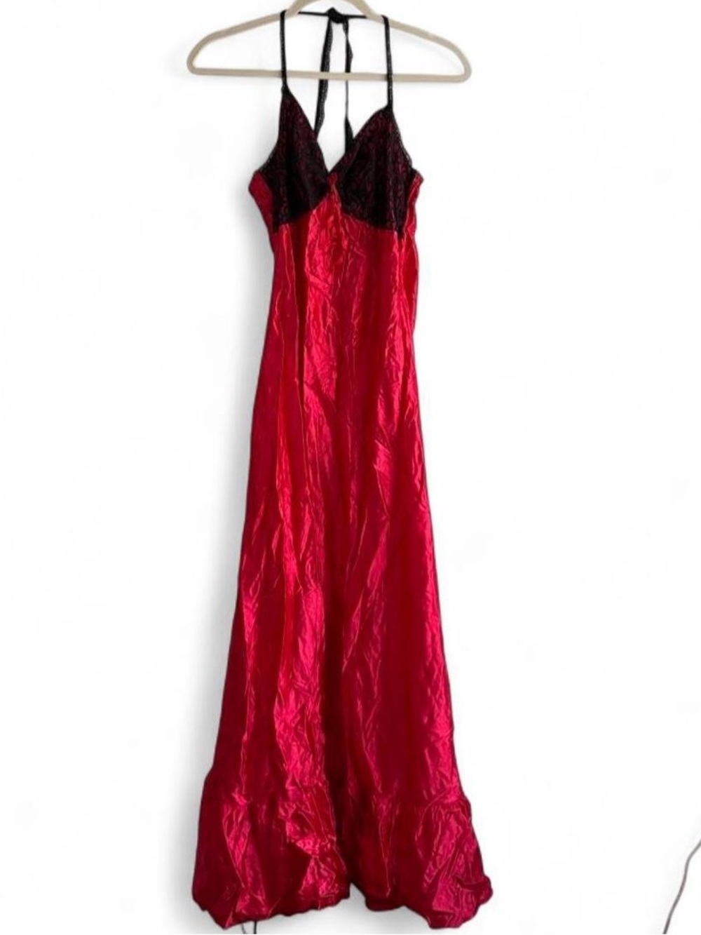 Vintage Darling Red Satin & Black Lace Long Maxi Slip Dress Size M